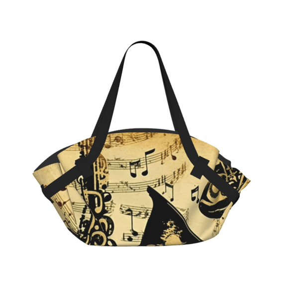 Music Notes Saxophone Musical Vintage 2-in-1 Foldable Picnic Blanket Tote Bag Shoulder Handbag, Large Circular Outdoor Mat for Beach Camping Park