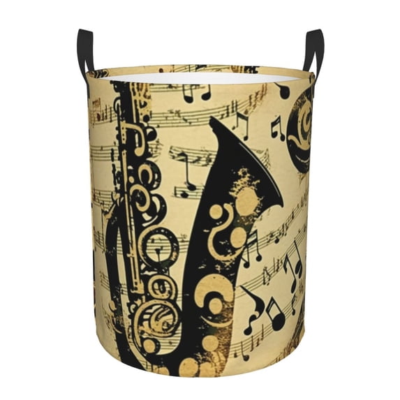 Music Notes Saxophone Musical Vintage Foldable Laundry Hamper with Handle Storage Basket for Clothes Toys & Organizing