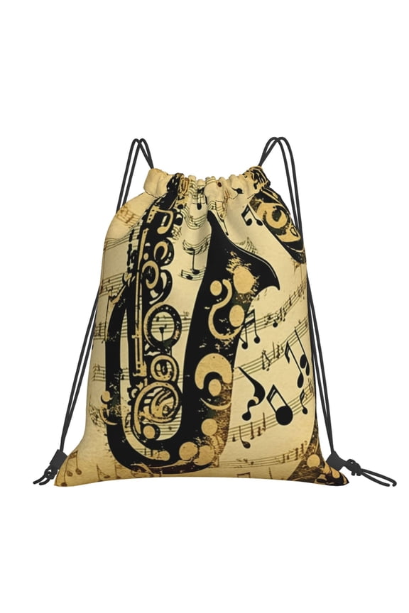 Music Notes Saxophone Musical Vintage Large Drawstring Backpack Casual Cinch Sack Bag Backpack for Sports Hiking Travel Gym