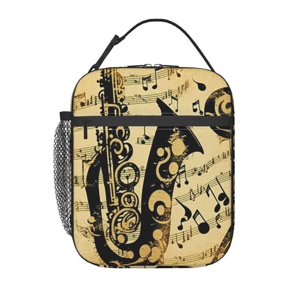 Music Notes Saxophone Musical Vintage Lunch Box Bag Insulated Lunchbox Reusable Tote Thermal Cooler Portable for Women Men