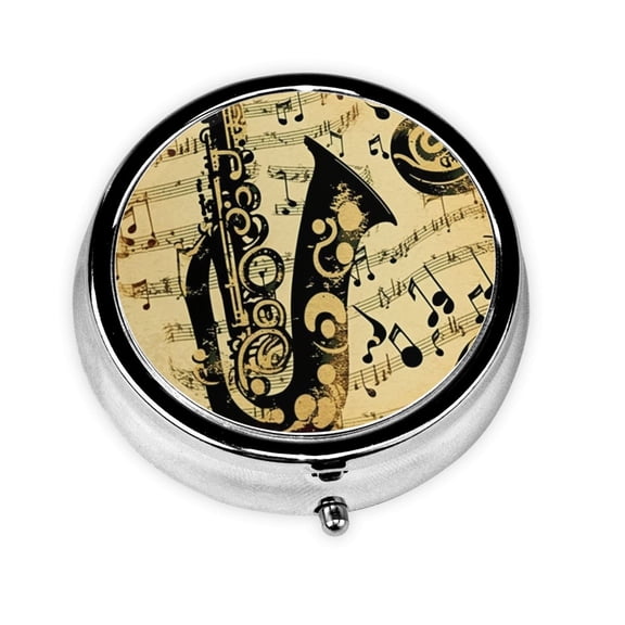 Music Notes Saxophone Musical Vintage Mini Round Pill Box Portable Small Pill Case Organizer with 3 Compartments for Pocket Purse