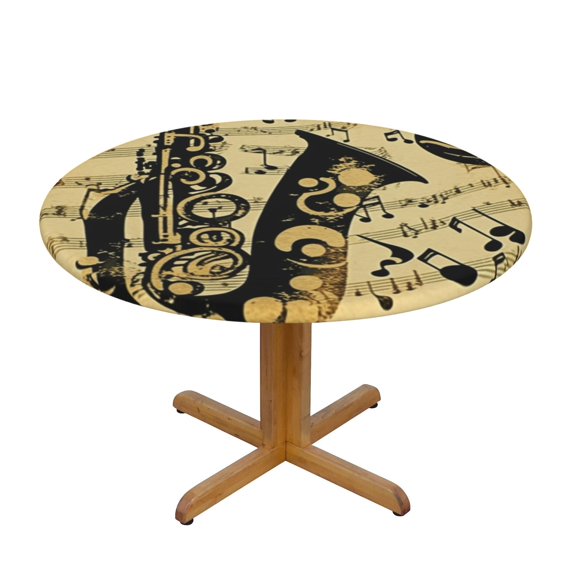 Music Notes Saxophone Musical Vintage Round Fitted Tablecloth Elastic Edged Table Cloth Waterproof Table Cover 48in