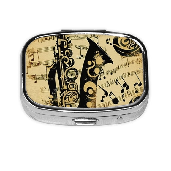 Music Notes Saxophone Musical Vintage Square Pill Box 2 Compartment Pill Case Medicine Organizer Decorative Gift for Purse Pocket