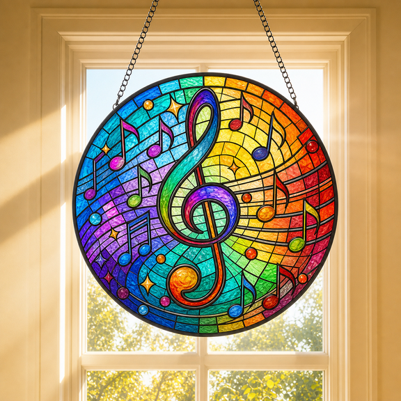 Music Notes Suncatcher, Musical Stained Glass Window Hanging Gift for Musicians