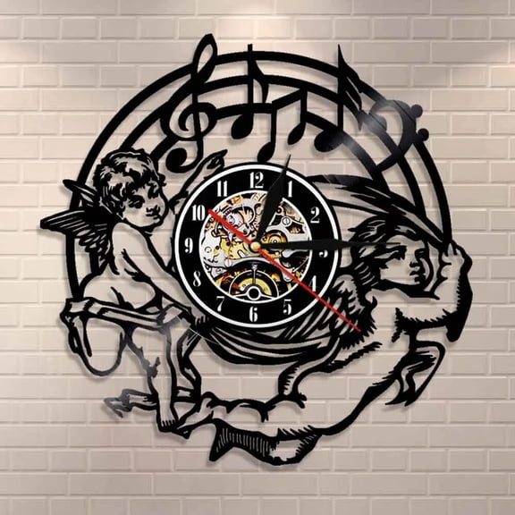Music Notes Wall Clock Angel Kids Vinyl Record Clock Modern Baby Angels Wall Art Decorative Musical Angels Clocks Music Lovers