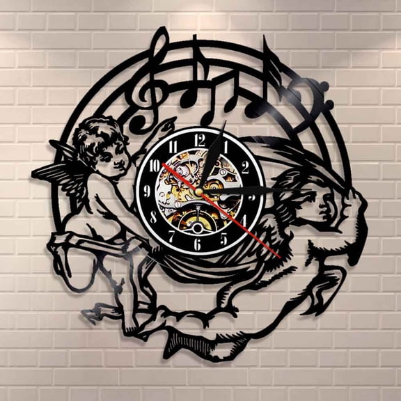 Music Notes Wall Clock Angel Kids Vinyl Record Clock Modern Baby Angels Wall Art Decorative Musical Angels Clocks Music Lovers