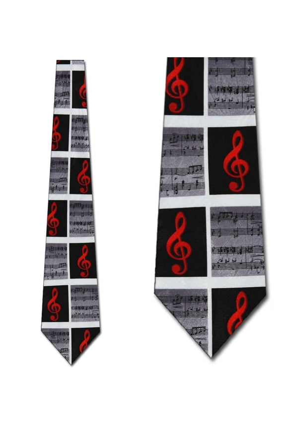 Music Notes and Clef Panel Black Necktie Mens Tie