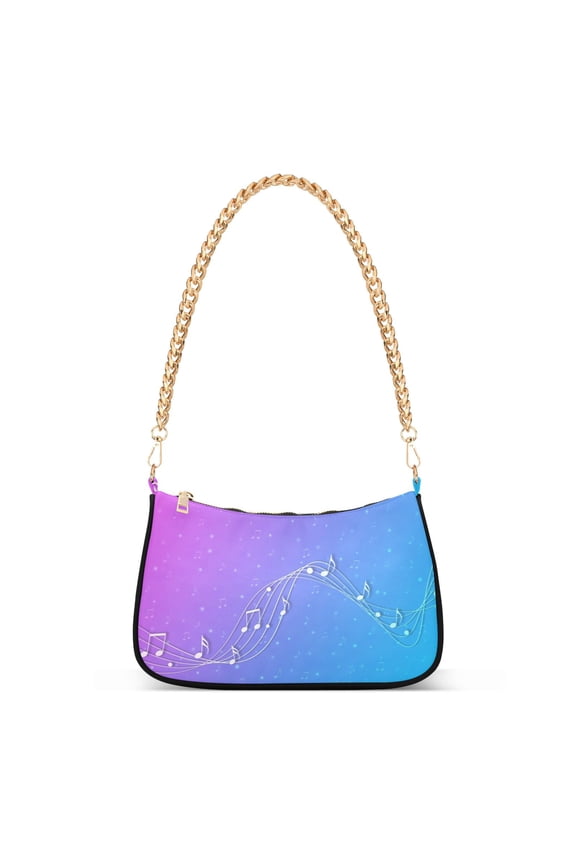 Music Notes in Blue and Pink Gradient Background Womens Chain Shoulder Bag Tote Handbag Clutch Hobo Purse with Zipper for Travel Casual