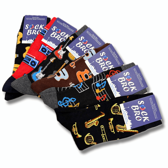 Music Novelty Sock Bundle - Sock Bro Mens 6 Pack - Guitars, Trumpet, Music Note, Boom Box Socks