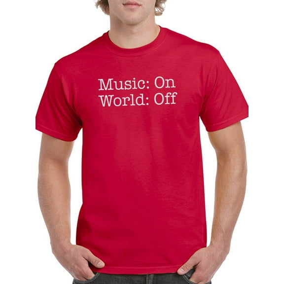 "Music: On World: Off" Quote Men Red T-Shirt, Male x-Large
