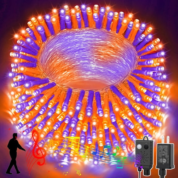 Music Orange and Purple Halloween String Lights with Music Motion Sensor Controller, 100 LED Waterproof Decor Light for Fall & Christmas, Indoor Outdoor Use for Halloween Party, Christmas Tree, Yard