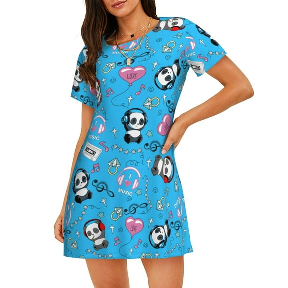 Music Panda Pattern Women'S Nightgown Sleepwear Short Sleeves Nightshirt Loose Comfy Pajama Medium