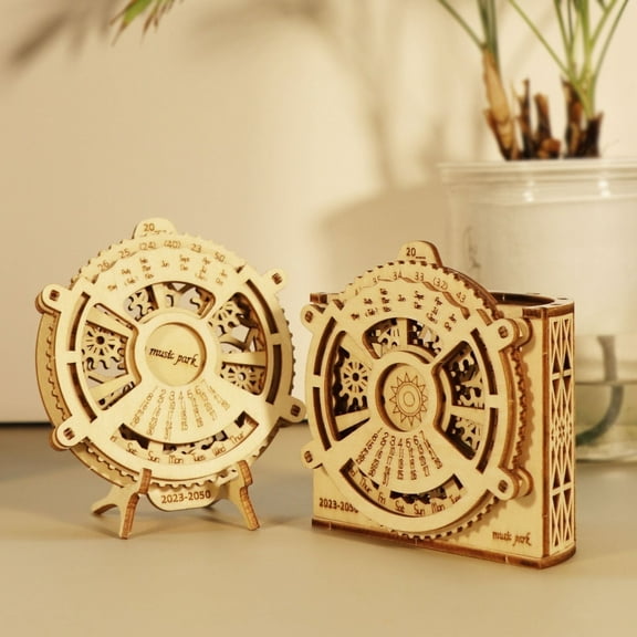 Music Park 2Sets 3D Wooden Puzzle Perpetual Calendar Mechanical Gears Toy Building Set Brain Teaser Games Engineering Toys Model Kits Handmade