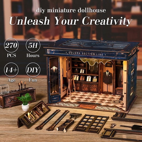 Music Park 3D Wooden Puzzle Book Nook with LED Lights - DIY Golden Ratio Miniature Clothing Store Dollhouse, Stress-Relief Building Model Kit for Adults, Creative Home Decor & Gift