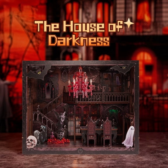 Music Park 3D Wooden Puzzle Dark Family Book Nook with LED Lights - DIY Gothic Vampire Mansion Miniature Dollhouse Kit, Stress-Relief Building Model for Adults, Creative Home Decor & Gift