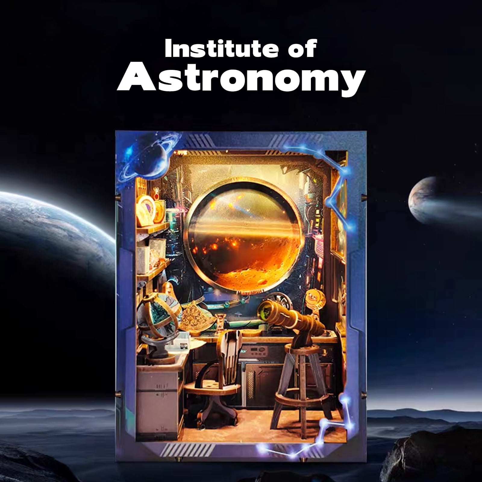 Music Park Astronomy Research Institute Book Nook - 3D Wooden Miniature Space Observatory Model Kit with LED Lights, DIY Artistic Dollhouse, Collectible Display & Premium Gift for Adults