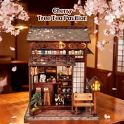 Music Park Cherry Blossom Tea House Book Nook Kit - 3D Wooden Puzzle with LED Lights, DIY Traditional Japanese Machiya Miniature Dollhouse, Unique Birthday & Christmas Gift for Adults