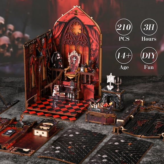 Music Park Eternal Night Castle DIY Wooden Book Nook, Gothic Vampire Castle Miniature Assembly Model, Dark Aesthetic Tabletop Decor Ornament