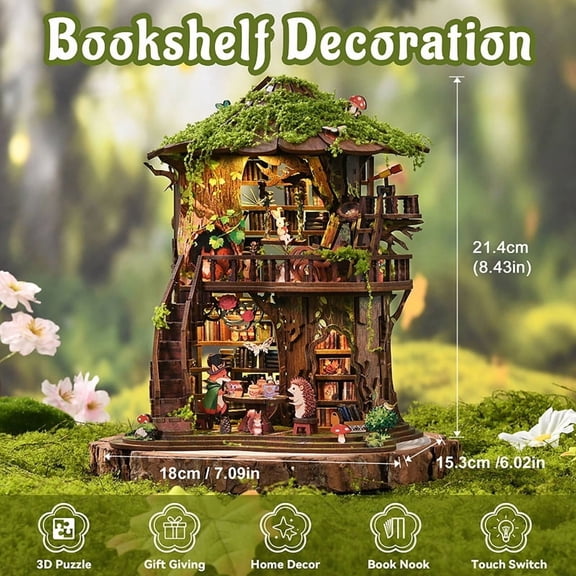 Music Park Forest Tea House DIY Wooden Book Nook, Forest Treehouse Miniature Assembly Model, Atmospheric Tabletop Decor Ornament