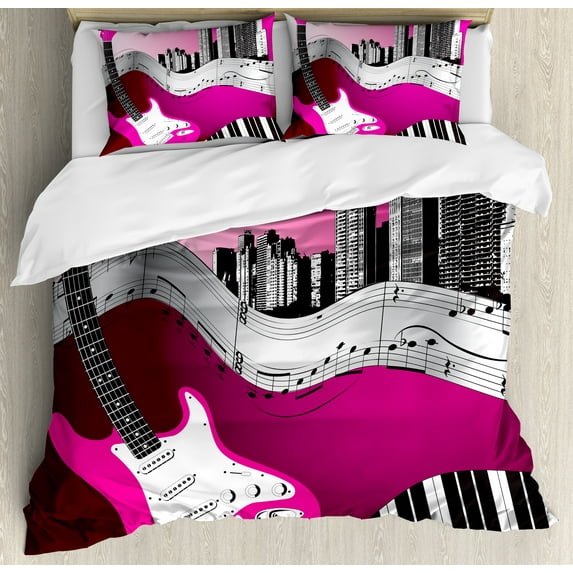 Music Queen Size Duvet Cover Set, Bass Guitar Keyboard Urban Rock Backdrop Rhythm of City Illustration, Decorative 3 Piece Bedding Set with 2 Pillow Shams, Hot Pink Light Grey Black, by Ambesonne