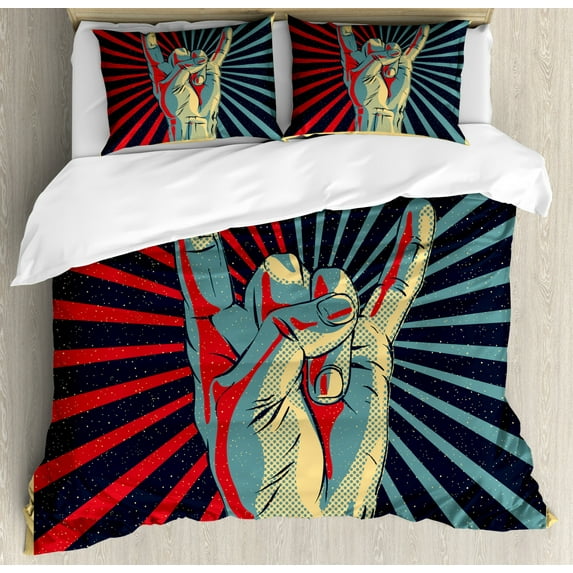 Music Queen Size Duvet Cover Set, Hand in Heavy Rocker Sign Musical Universal Gesturing Thunder Bolts Party People, Decorative 3 Piece Bedding Set with 2 Pillow Shams, Multicolor, by Ambesonne
