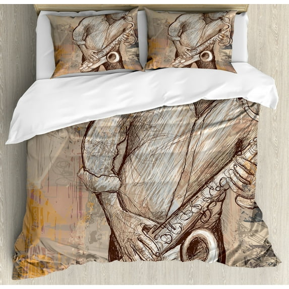 Music Queen Size Duvet Cover Set, Jazz Musician Playing the Saxophone Solo in the Street on Grunge Background Art Print, Decorative 3 Piece Bedding Set with 2 Pillow Shams, Brown Ecru, by Ambesonne