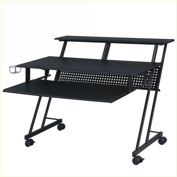 Music Recording Studio Desk with Keyboard Tray & Shelf | Modern Wood + Metal | Black