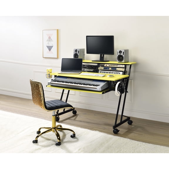 Music Recording Table Desk Yellow & Black, 47"l X 18"d Top, 40"l 16"d 6"h Keyboard Holder, 43" Tv Suitable, Assembly Computer Slot, Accommodatable, Construction