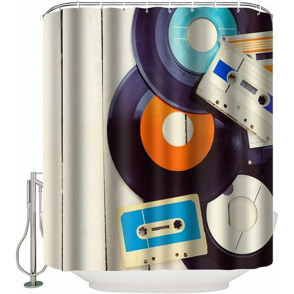 Music Records Shower Curtain Gramophone Indie Old Audio Cassettes on Woodern Table Nostalgia Music Bathroom Decor 72x72Inches Washable Fabric Shower Curtains Sets with 12 Hooks