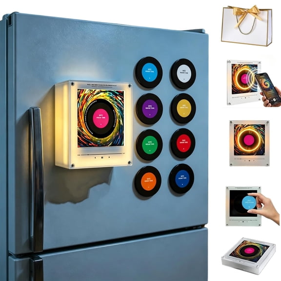 Music Refrigerator Magnets Magnetic Fridge Music Player with 9 NFC Record Player Discs, Programmable Acrylic Frame Jukebox Decor with LED Light