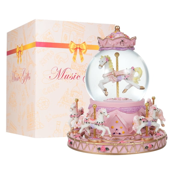 Music Rotating Carousel Music Box Crystal Ball Light-up Snow Globe Wind-up Musical Box Colorful Lights Cute Little Horses Girls Festival Birthday Gift