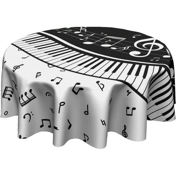 Music Round Tablecloth 60 Inch - Classic Piano Table Cloth Black White Musical Instrument Table Covers for Kitchen Patio Outdoor Picnic Party