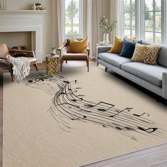 Music Rug Vintage Music Note Pattern, Washable Living Room Bedroom Area Rugs, Musical Decor for Home, Soft Non Slip Indoor Carpet, Low Pile Design 5 x 8ft