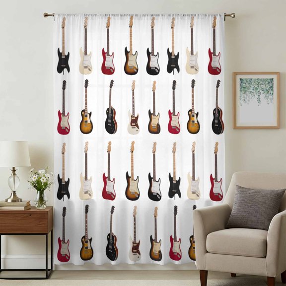 Music Sheer Curtains 45 Inches Long, Red Beige Guitar Modern Art Light Filering Curtains, Breathable Simi Curtain Privacy Drapes for Kitchen Bathroom Lightweight Small Window Treatment