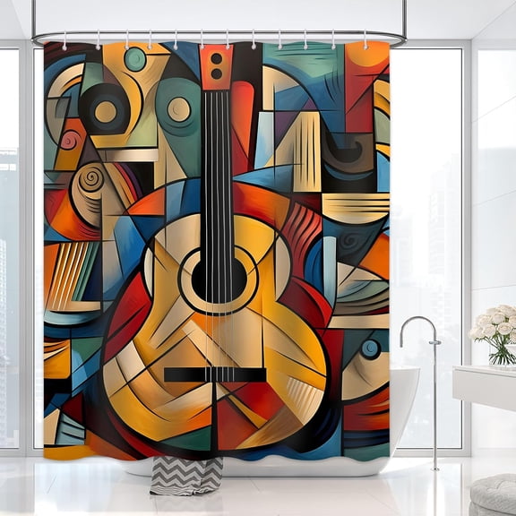 Music Shower Curtain, Collage of Music Color and Musical Instruments,Funky Fractal Geometric Square Shaped Background Acoustic Guitar Art,Fabric Bathroom Decor Set with 12 Hook,72X72