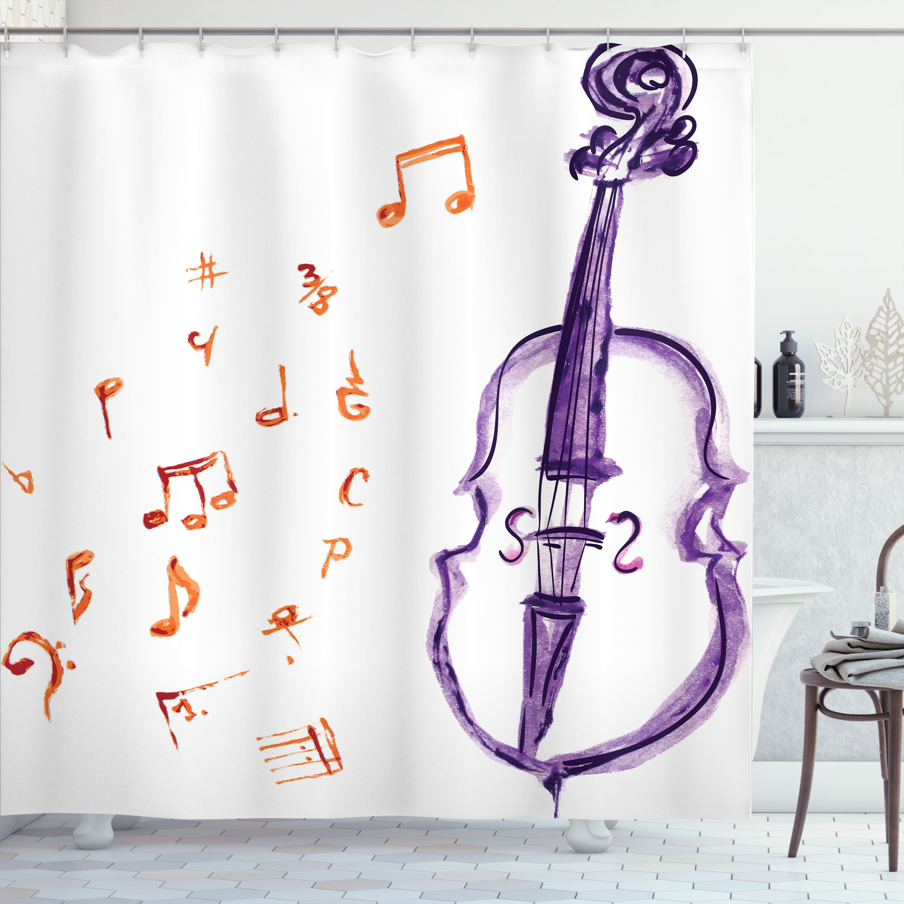 Music Shower Curtain, Musical Notes Instrument Violin Cello in