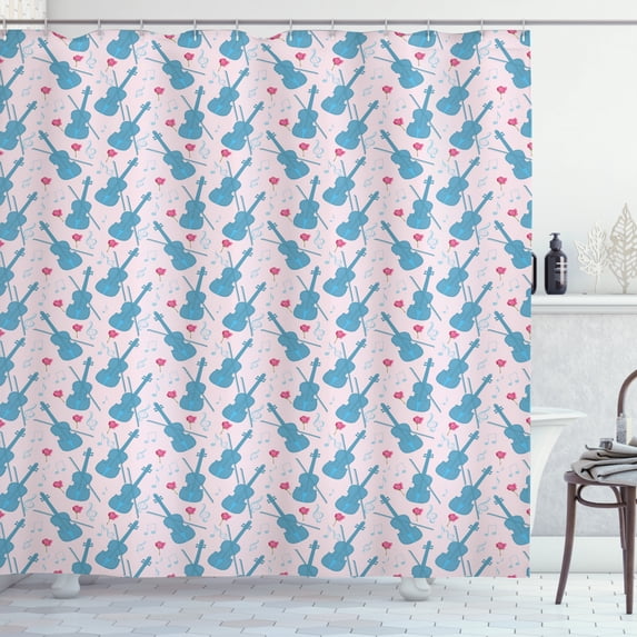 Music Shower Curtain, Violin Pattern on Pastel Toned Notes and Blossoming Romantic Roses, Fabric Bathroom Set with Hooks, 69W X 84L Inches Extra Long, Slate Blue Pale Pink and Pink, by Ambesonne