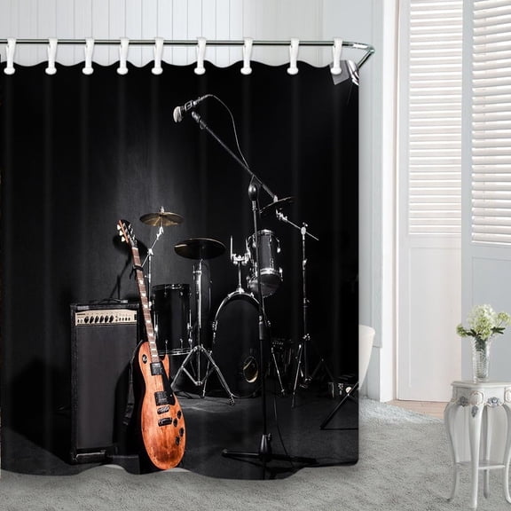 Music Shower Curtains Set, Musical Instruments Guitar with Drum in Black Waterproof Fabric Shower Curtain, Bathroom Curtain,Hooks Included, 70X70in