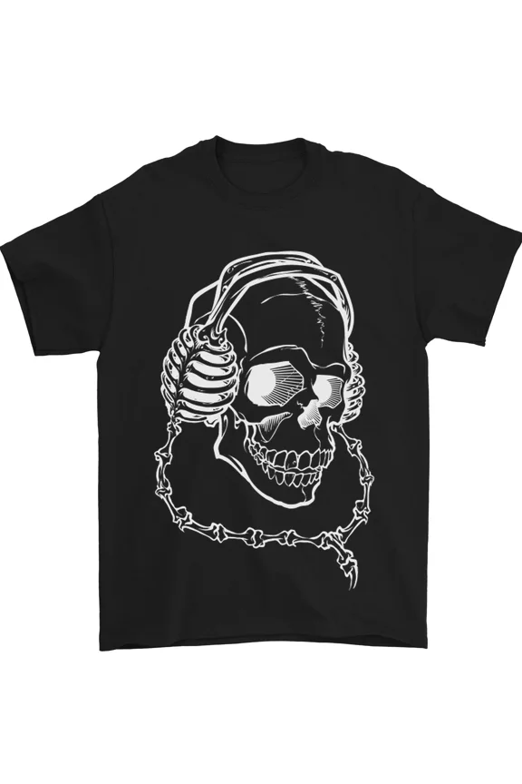 Music Skeleton Head Wearing Headphones DJ Rock Graphic Top Unisex T-Shirt, up to size 5XL