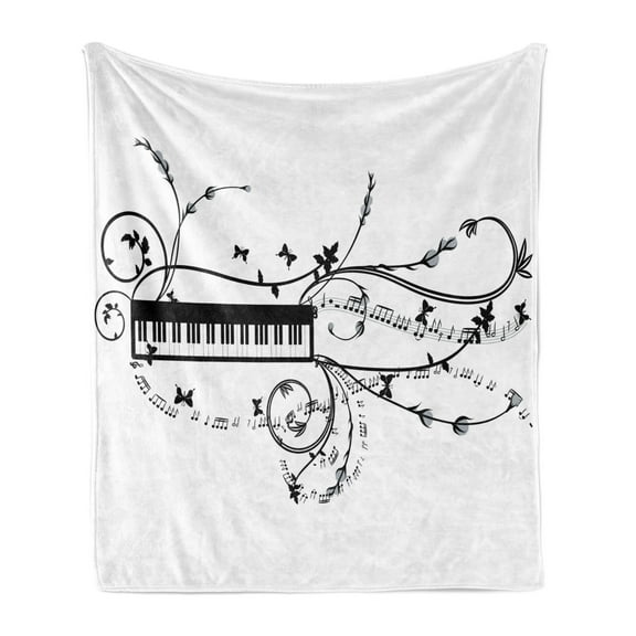 Music Soft Flannel Fleece Blanket, Art Professions Melody Symbol Keyboard Curlicue Motifs on Plain Backdrop, Cozy Plush for Indoor and Outdoor Use, 60" x 80", White and Charcoal Grey, by Ambesonne