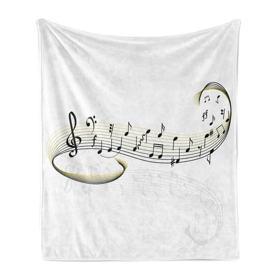 Music Soft Flannel Fleece Blanket, Bass Abstract Treble Chef Notes of Musical Art on Plain Backdrop Pattern, Cozy Plush for Indoor and Outdoor Use, 50" x 70", White Khaki Dark Brown, by Ambesonne