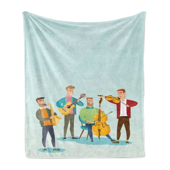 Music Soft Flannel Fleece Blanket, Cartoon Graphic of Happy Musicians Band Playing Instruments Concert Print, Cozy Plush for Indoor and Outdoor Use, 70" x 90", Mint Green Multicolor, by Ambesonne