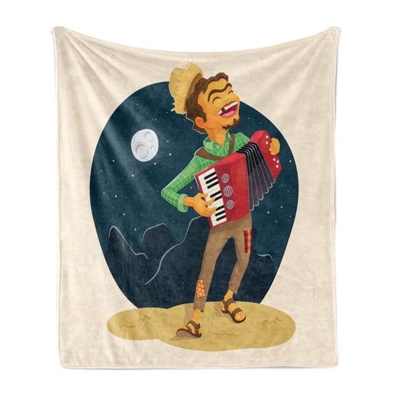 Music Soft Flannel Fleece Blanket, Cheerful Poor Peasant with Plaid Shirt and Patched Pants Playing Accordion in Night, Cozy Plush for Indoor and Outdoor Use, 50" x 70", Multicolor, by Ambesonne