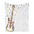 thumbnail image 1 of Music Soft Flannel Fleece Blanket, Doodle Style Illustration of Guitar Instrument with Musical Notes Hand Drawn Art, Cozy Plush for Indoor and Outdoor Use, 60" x 80", Blue Red Yellow, by Ambesonne, 1 of 5