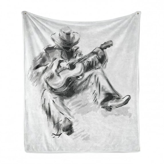 Music Soft Flannel Fleece Blanket, Illustration of a Cowboy Sitting on the Floor and Playing the Guitar Print, Cozy Plush for Indoor and Outdoor Use, 50" x 70", Black and Pale Grey, by Ambesonne