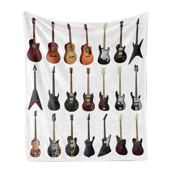 Music Soft Flannel Fleece Blanket, Instruments Pattern Classical and Bass Varieties of Guitars Rock and Jazz Music Theme, Cozy Plush for Indoor and Outdoor Use, 60" x 80", Multicolor, by Ambesonne