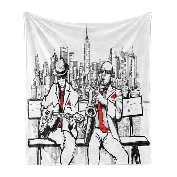 Music Soft Flannel Fleece Blanket, Jazz Men Band Playing Beats in New York at Night Retro Style Illustration Print, Cozy Plush for Indoor and Outdoor Use, 50" x 70", Red Black Ecru, by Ambesonne