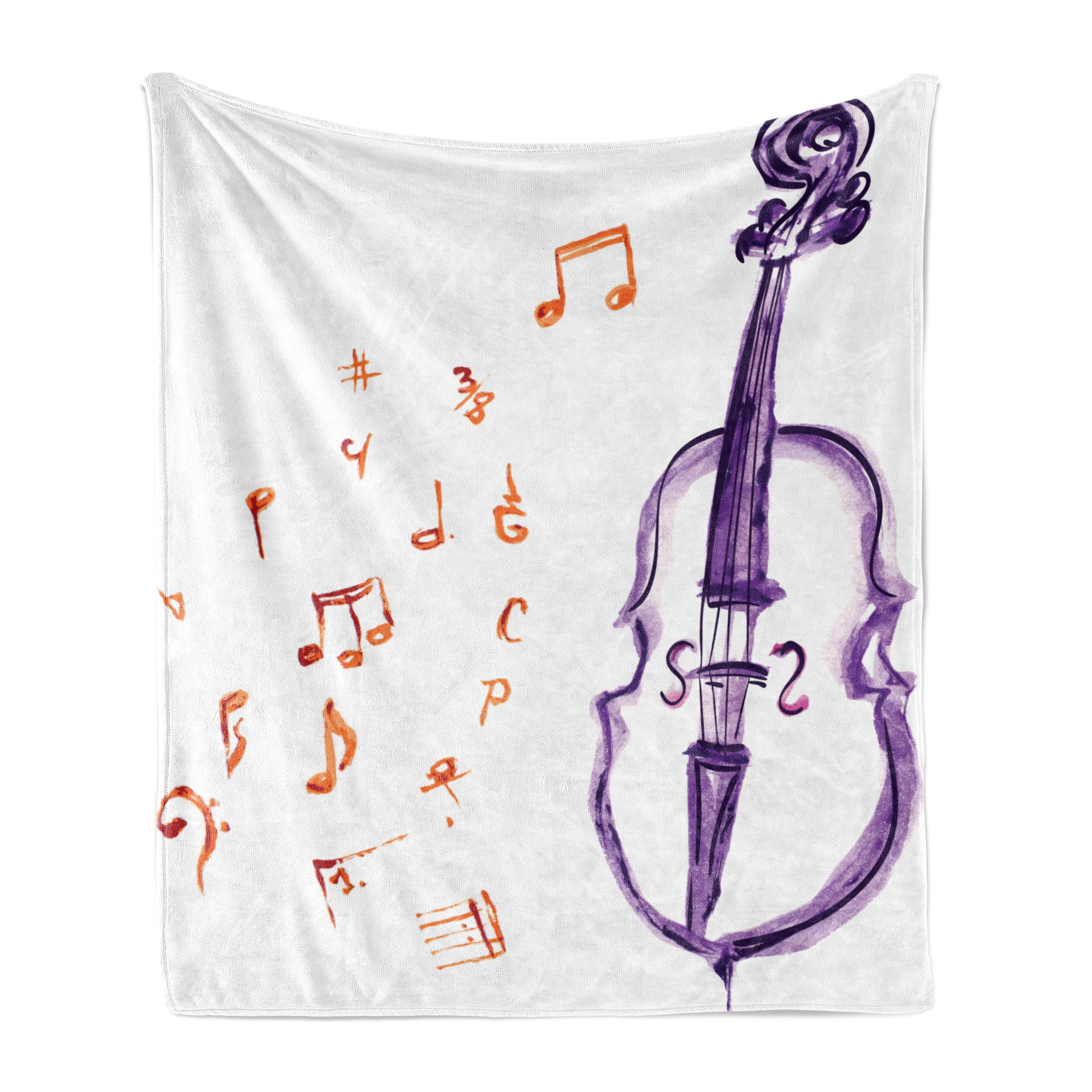 Music Soft Flannel Fleece Blanket Musical Notes Instrument Violin Cello in Watercolors Style White Backdrop Print Cozy Plush for Indoor and Outdoor