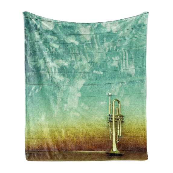 Music Soft Flannel Fleece Blanket, Old Aged Worn Single Trumpet Stands Alone Against a Faded Wall Jazz Theme Photo, Cozy Plush for Indoor and Outdoor Use, 50" x 70", Sea Green Brown, by Ambesonne