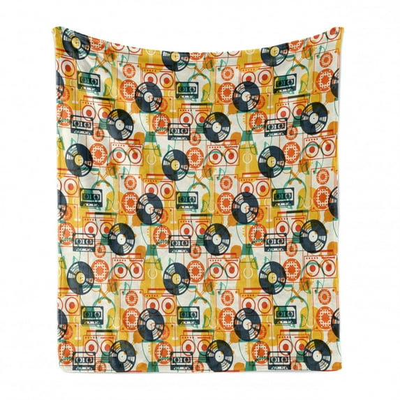 Music Soft Flannel Fleece Blanket, Pattern with Musical Instruments in Flat Design Style Cassette Radio Vinyl Nostalgic, Cozy Plush for Indoor and Outdoor Use, 50" x 70", Multicolor, by Ambesonne